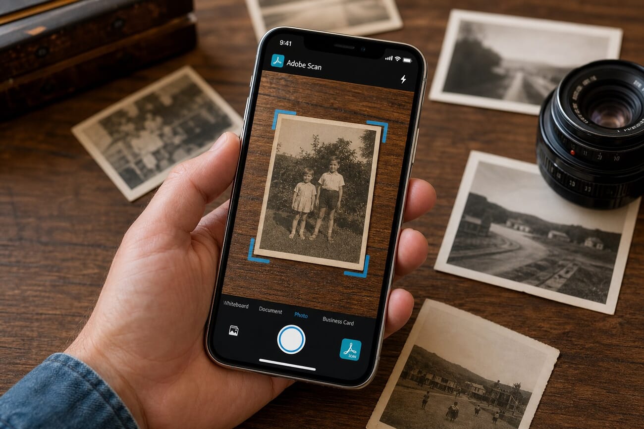 Adobe Scan app being used to scan a vintage photo on an iPhone