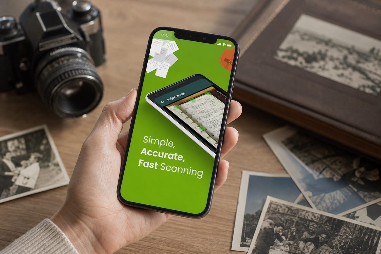 Clear Scan app being used to scan a vintage photo on an iPhone
