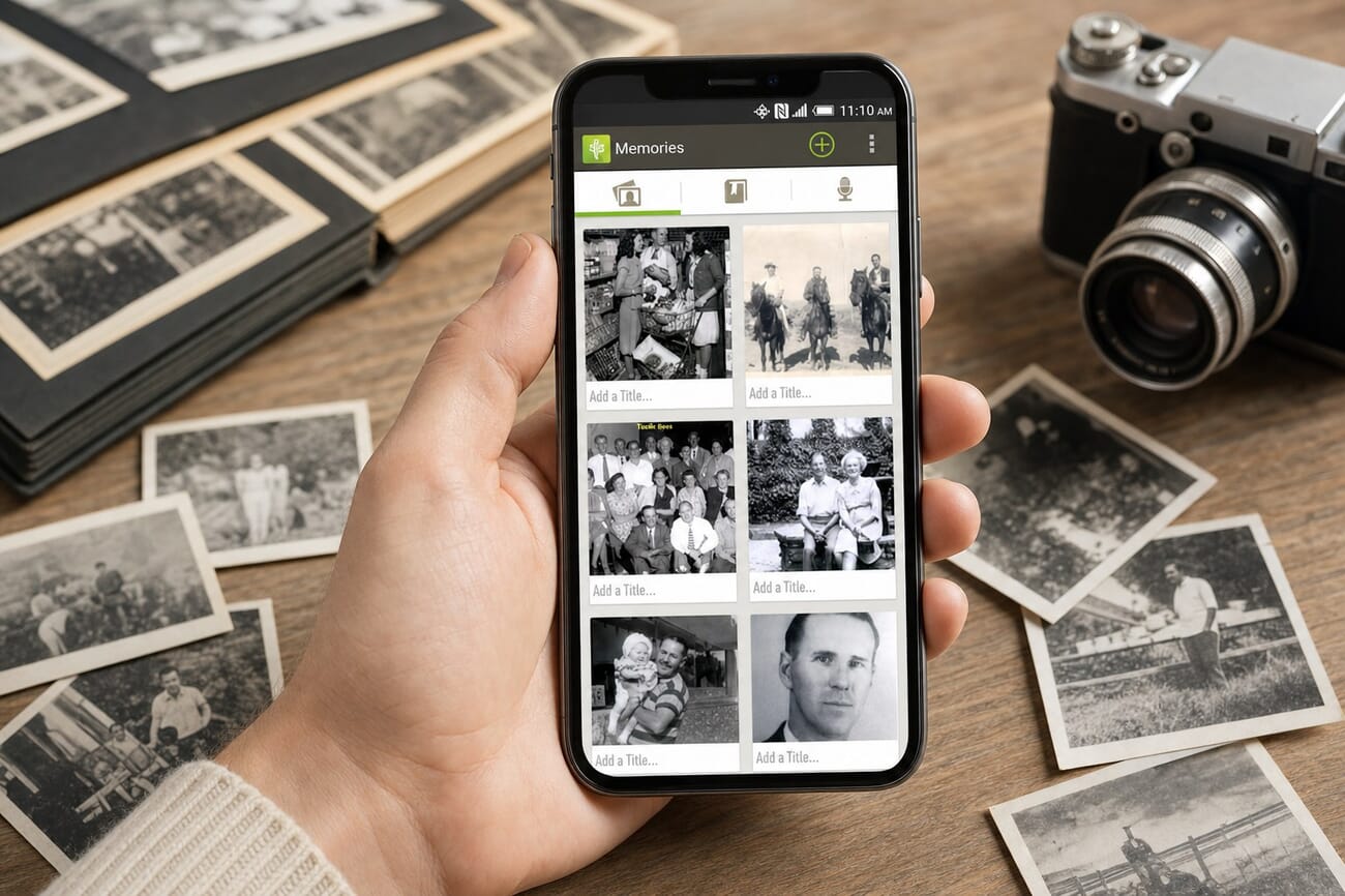 FamilySearch Memories app being used to scan a vintage photo on an iPhone