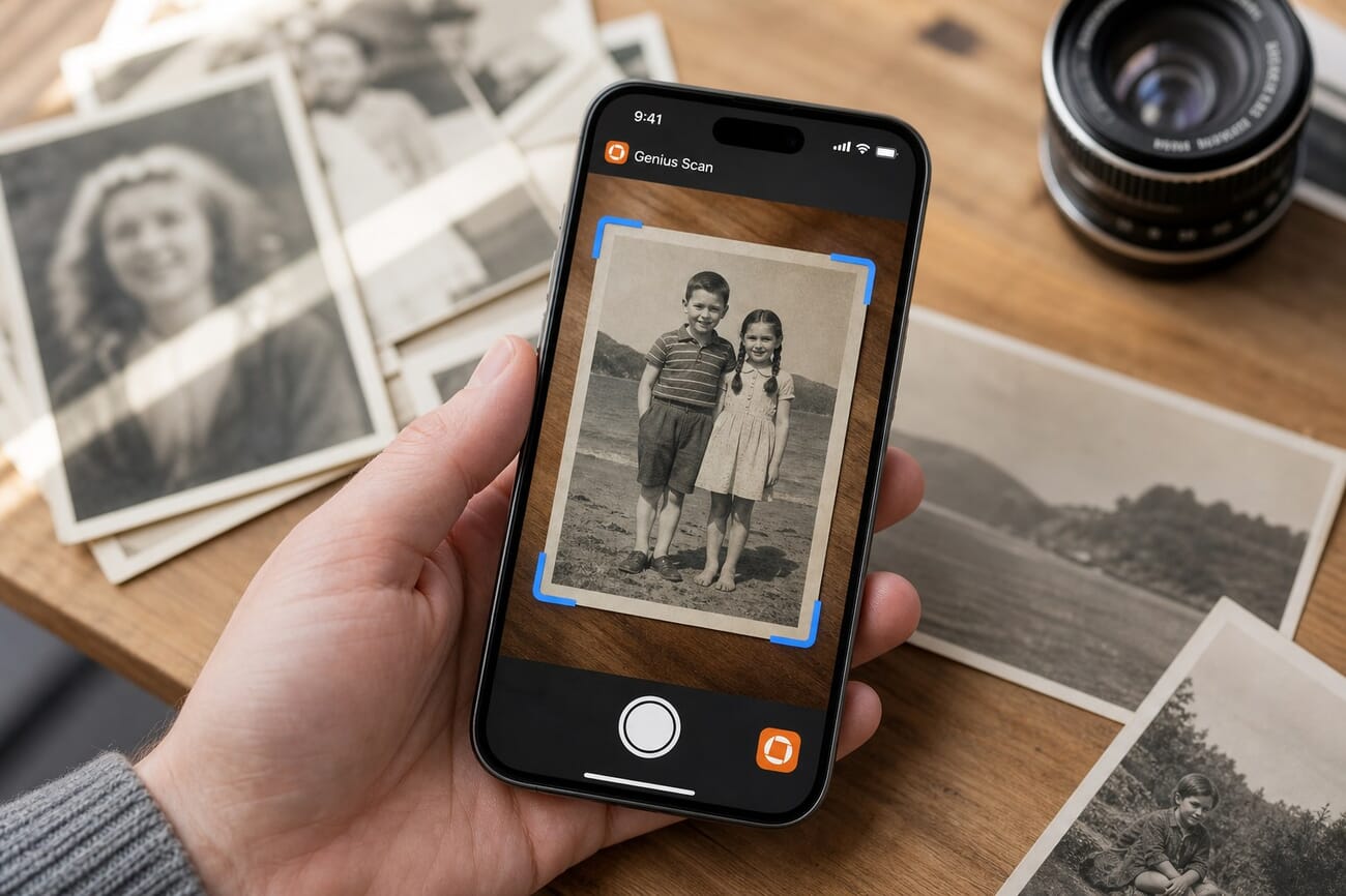 Genius Scan app being used to scan a vintage photo on an iPhone