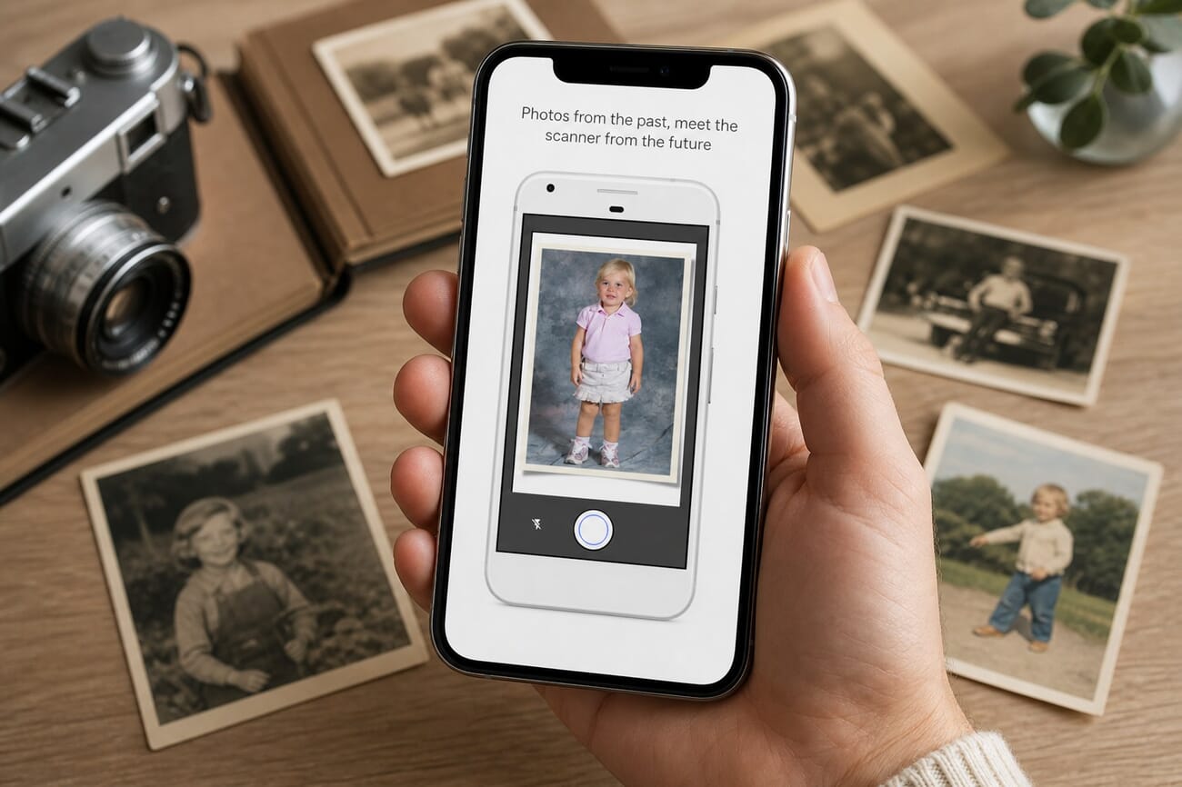 Google PhotoScan app being used to scan a vintage photo on an iPhone
