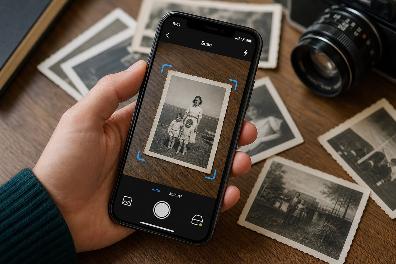 iScanner app being used to scan a vintage photo on an iPhone