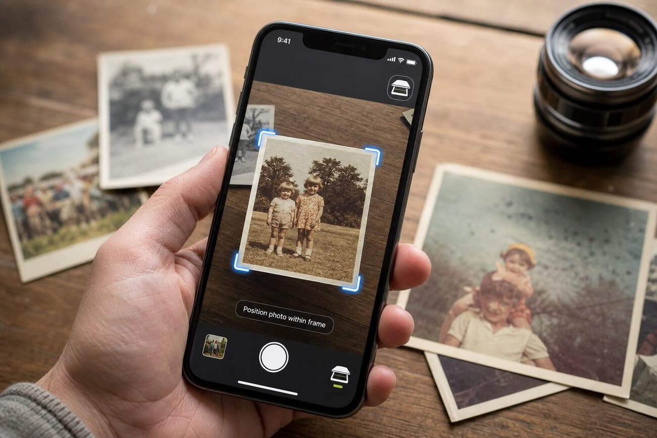 Photo Scanner AI app being used to scan a vintage photo on an iPhone