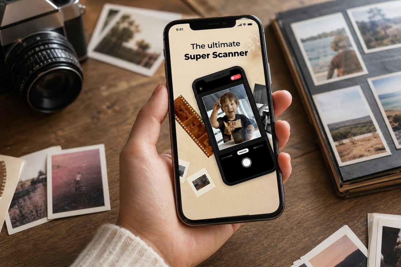 Photomyne app being used to scan a vintage photo on an iPhone