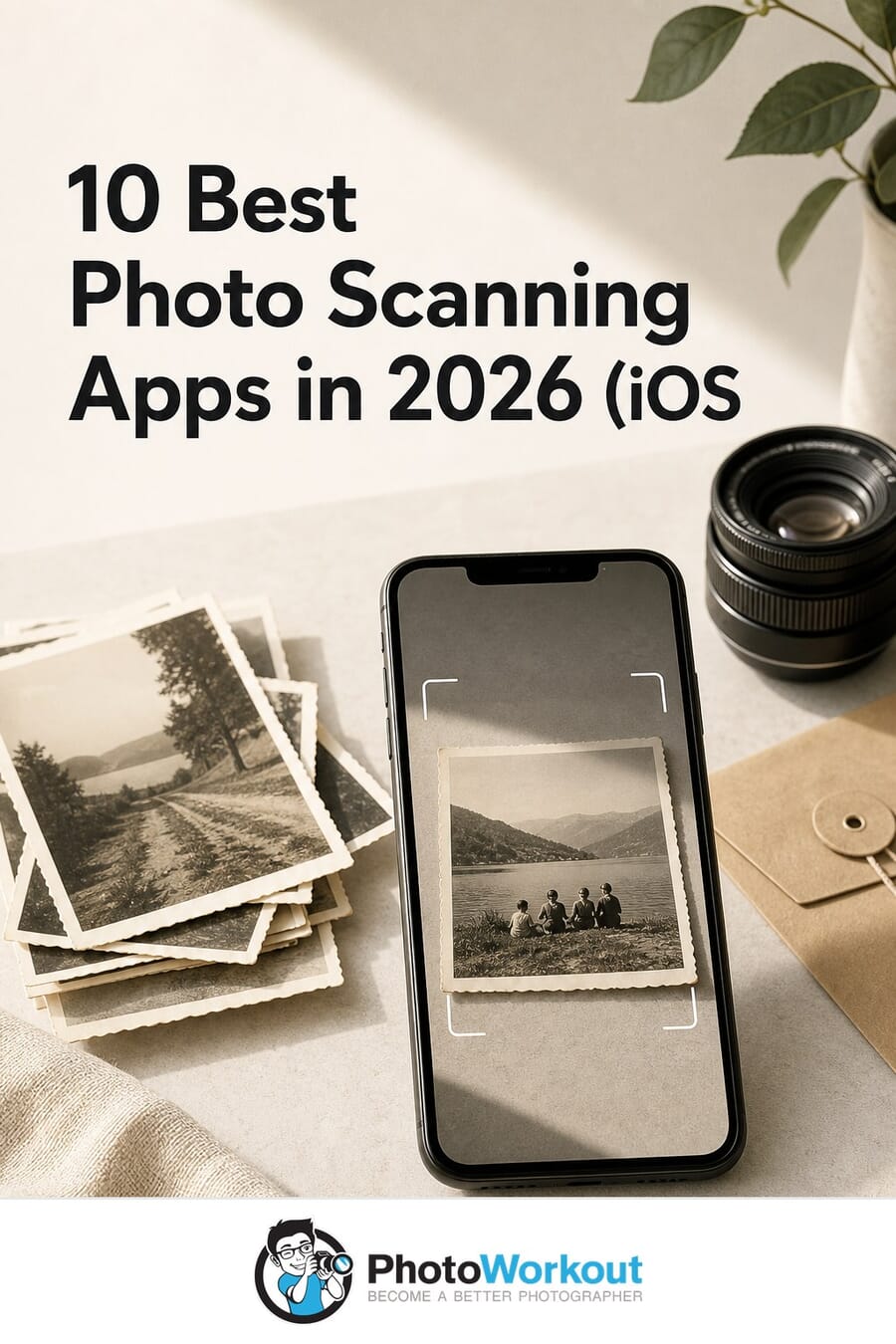 10 Best Photo Scanning Apps in 2026 vertical Pinterest pin showing a phone scanning a vintage landscape photo