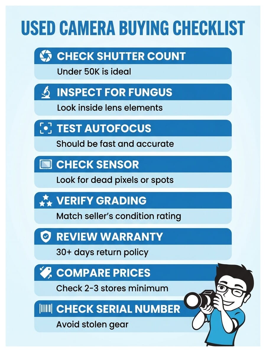 Used camera buying checklist infographic with 8 key things to check