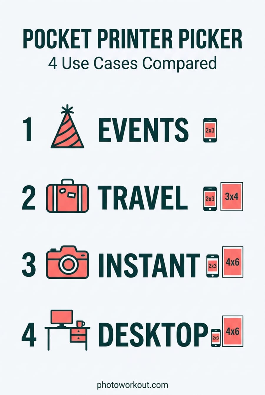 Pocket printer picker infographic showing 4 use cases compared: events with 2x3 prints, travel with 2x3 and 3x4, instant with 2x3 and 4x6, desktop with 2x3 and 4x6