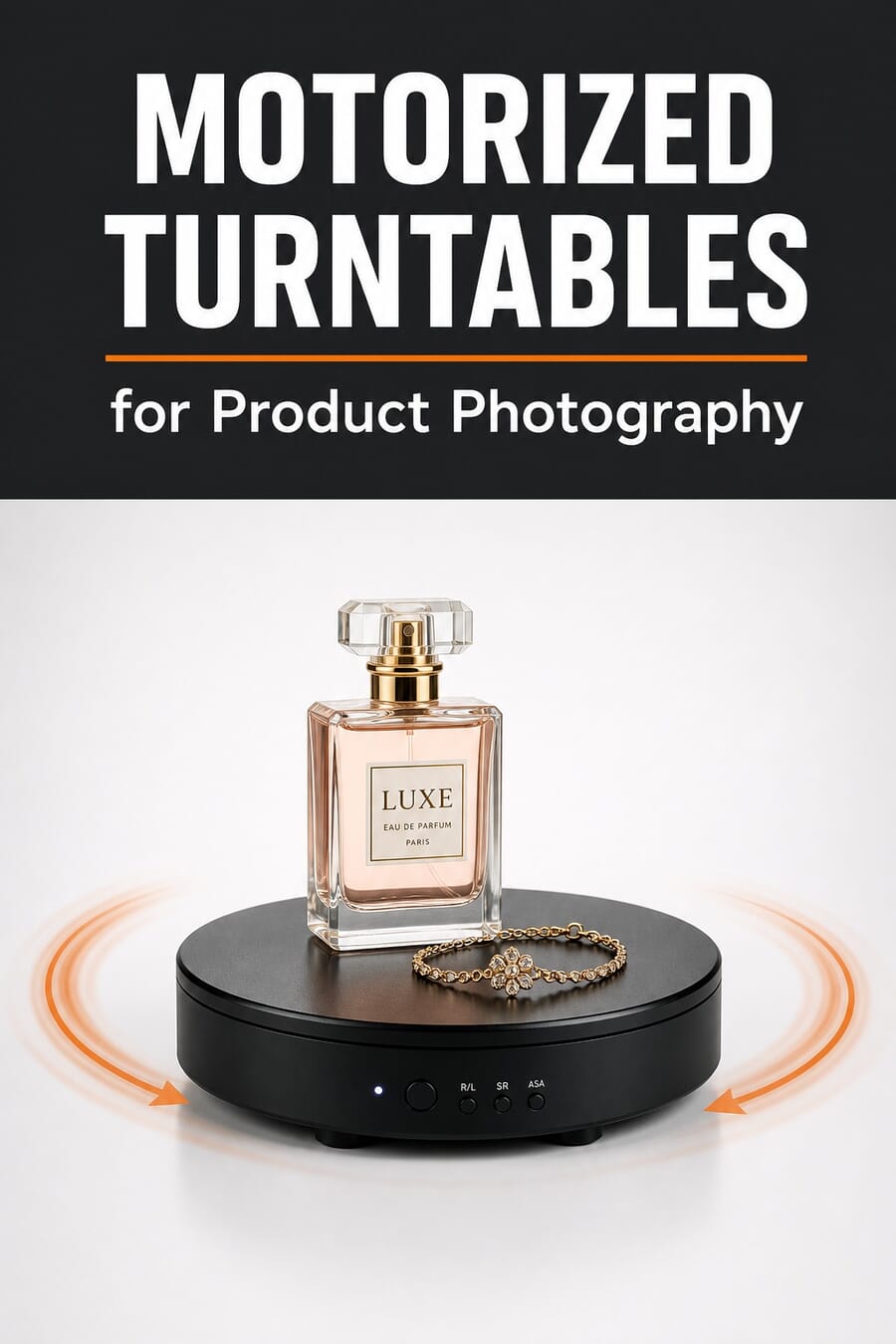 Motorized turntables for product photography, a perfume bottle and jewelry rotating on a black electric display stand