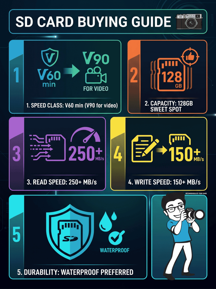 SD card buying guide infographic for Fujifilm X100VI showing key factors: speed class, capacity, read speed, write speed, and durability