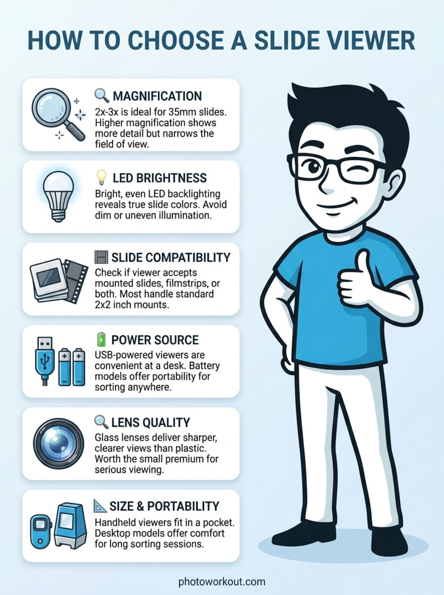How to choose a slide viewer - buying guide infographic showing 6 key factors