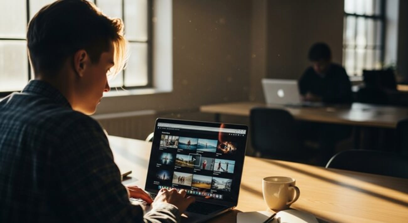 Professional browsing stock footage on a laptop in a modern coworking space