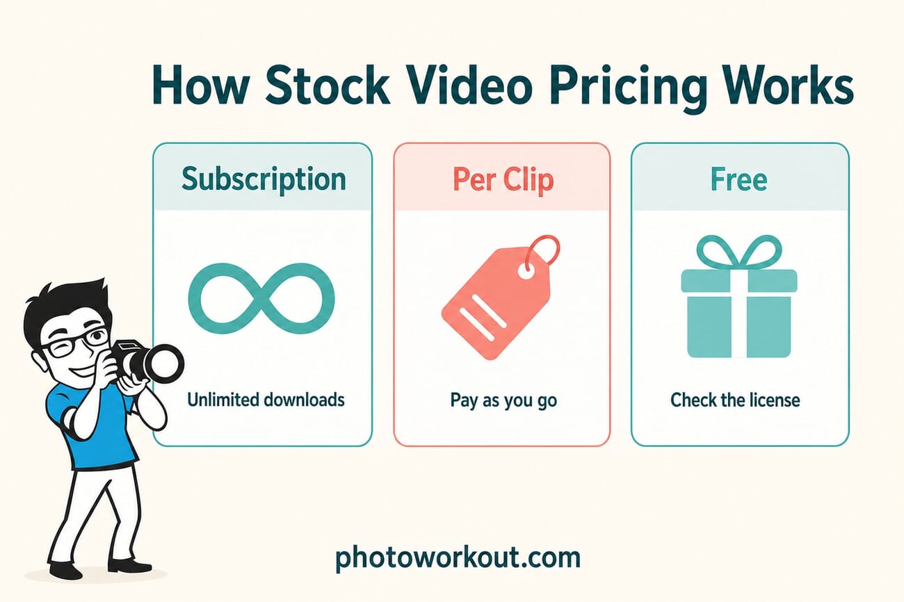 Infographic comparing subscription, per-clip, and free stock video pricing models