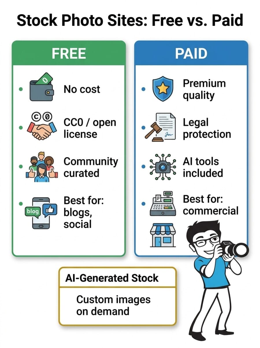 Infographic comparing free vs paid stock photography sites