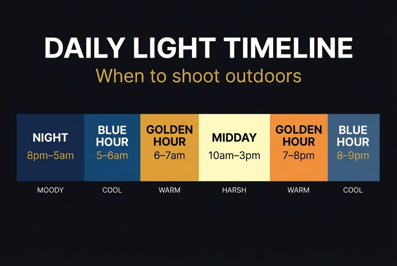 Daily light timeline showing six phases: night, blue hour, golden hour, midday, golden hour, blue hour