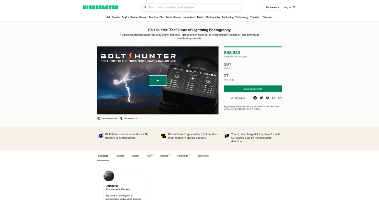 Bolt Hunter Kickstarter campaign page showing over $68,000 raised