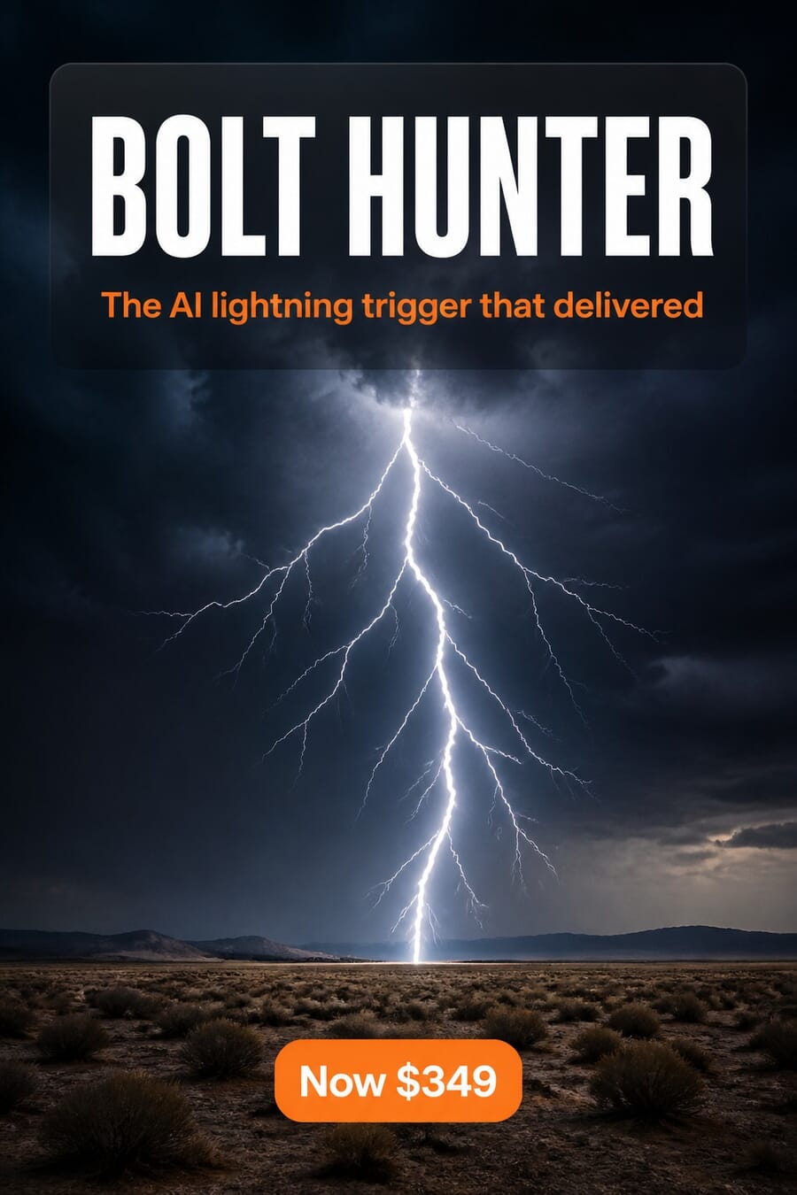 Bolt Hunter lightning trigger promo graphic with a lightning bolt over a desert and the price $349