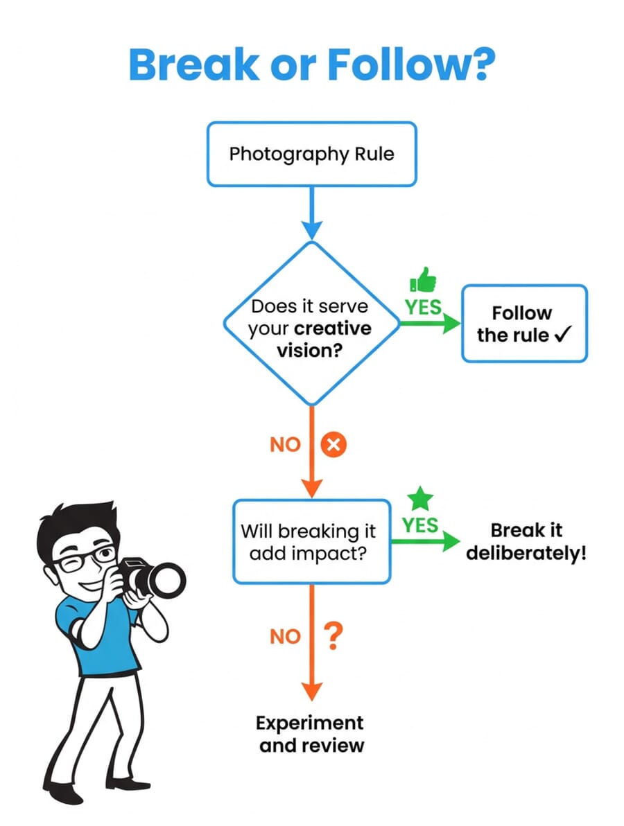 Flowchart infographic showing when to break or follow photography rules