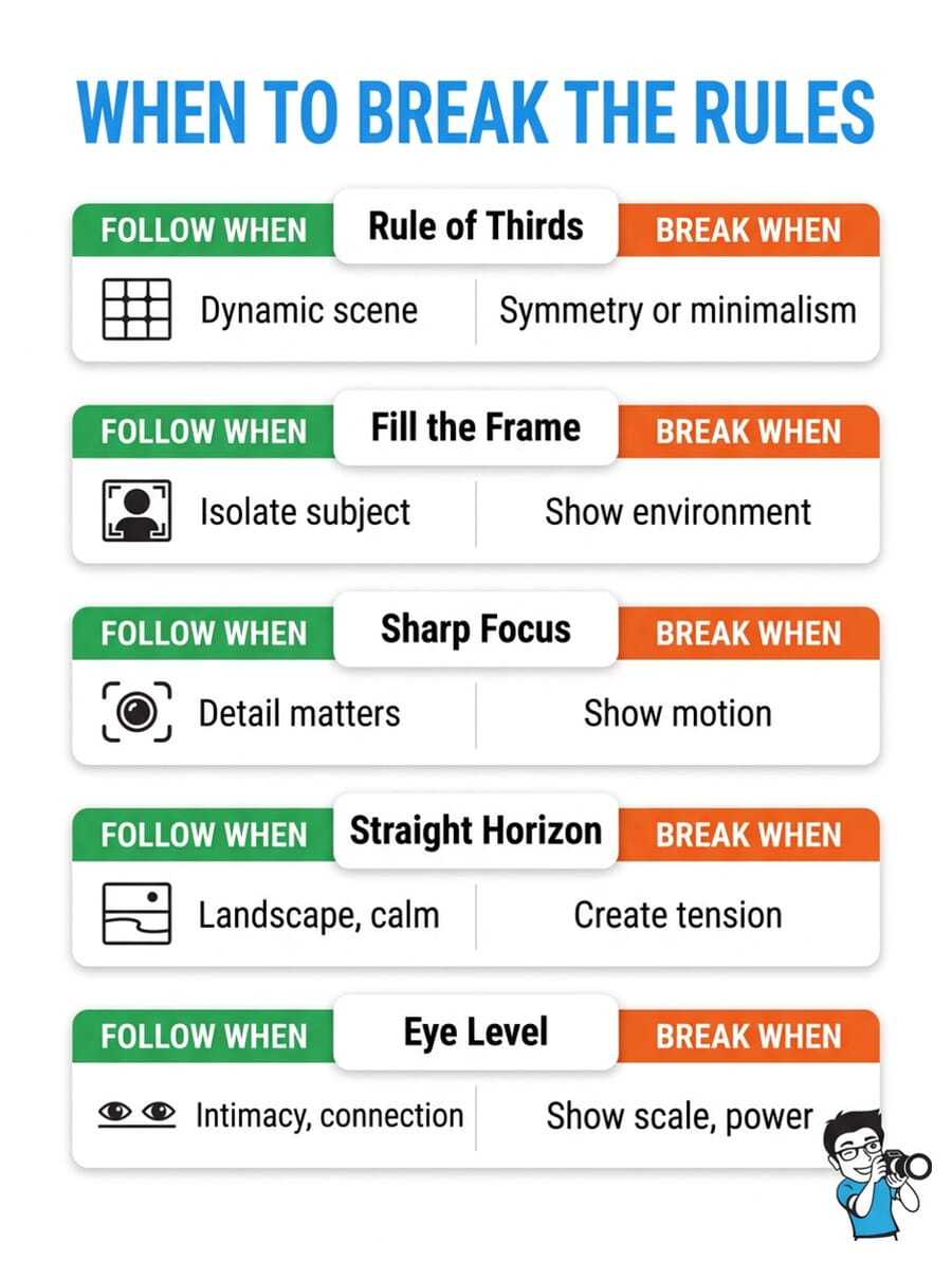 Cheat sheet infographic showing when to follow vs break photography rules