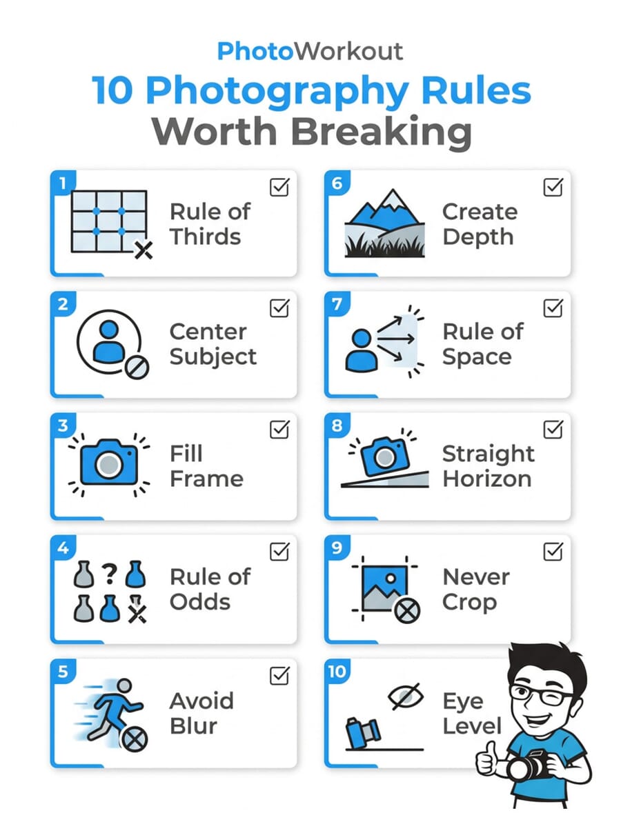 Infographic showing 10 photography rules worth breaking with checklist format