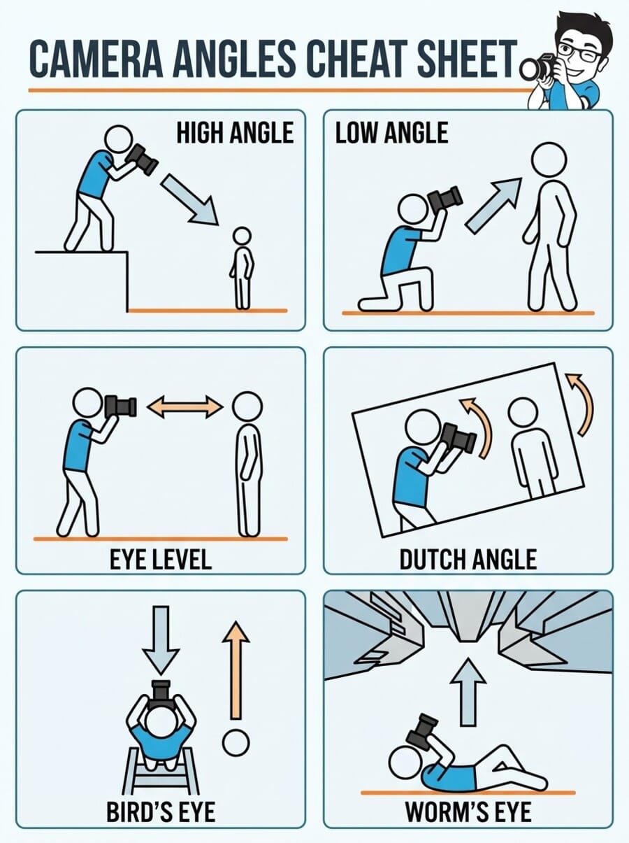 Camera angles cheat sheet infographic showing high angle, low angle, eye level, Dutch angle, bird's eye, and worm's eye positions