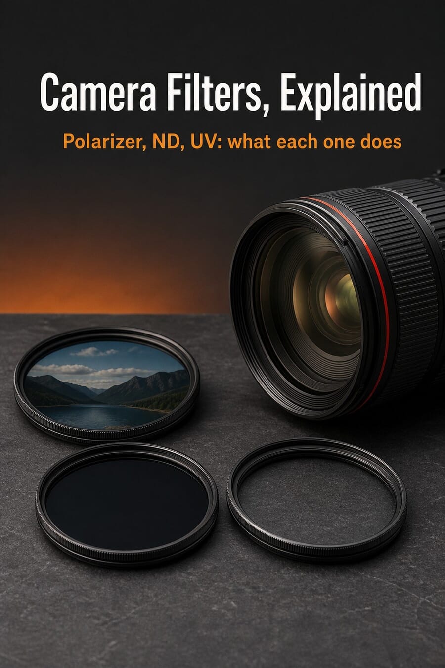 Camera filters explained: polarizer, ND, and UV filters next to a camera lens