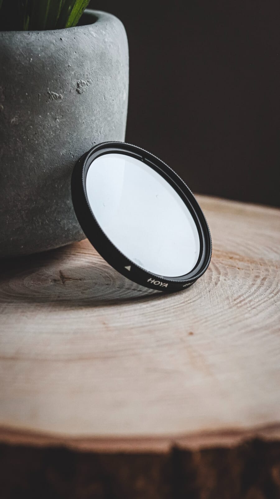 Circular Hoya filter on a wooden surface leaning against a plant pot.