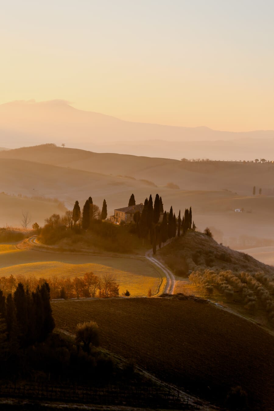 House surrounded by trees and rolling hills at sunset.
