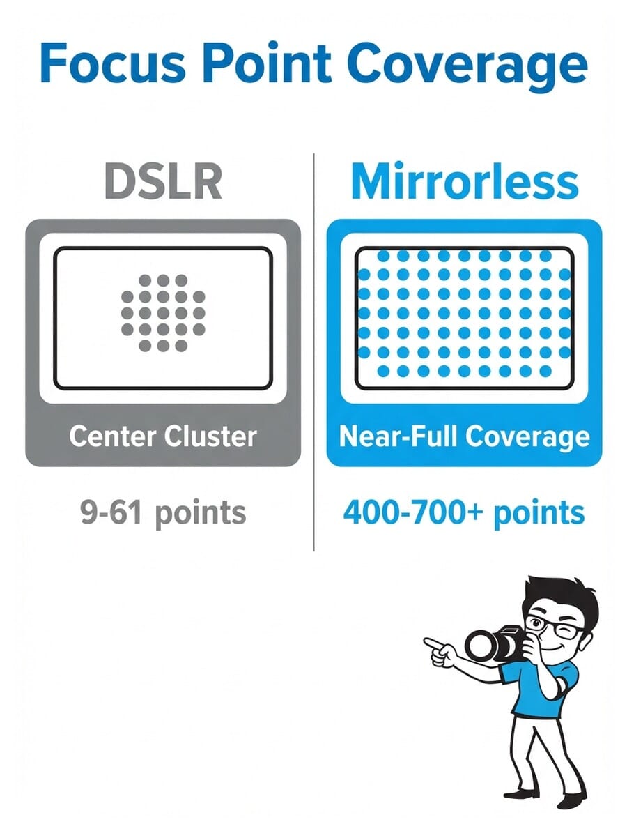 Infographic comparing DSLR center-clustered focus points versus mirrorless near-full frame coverage