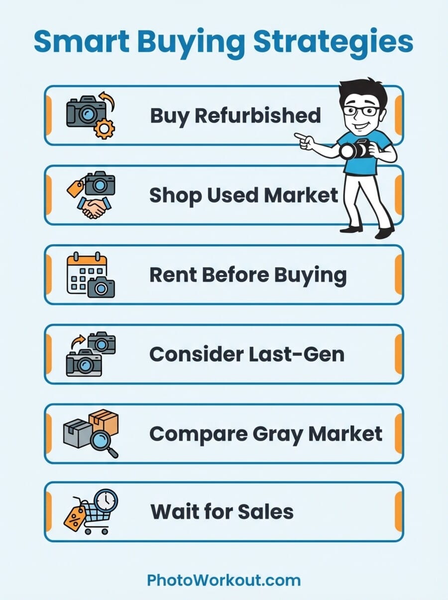 Infographic showing six smart buying strategies for camera gear during tariff price increases