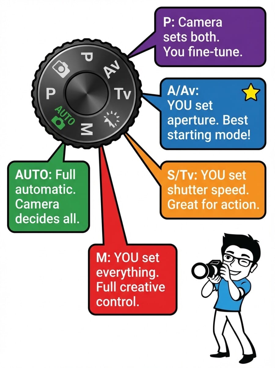 Camera mode dial explained: Program, Aperture Priority, Shutter Priority, and Manual modes