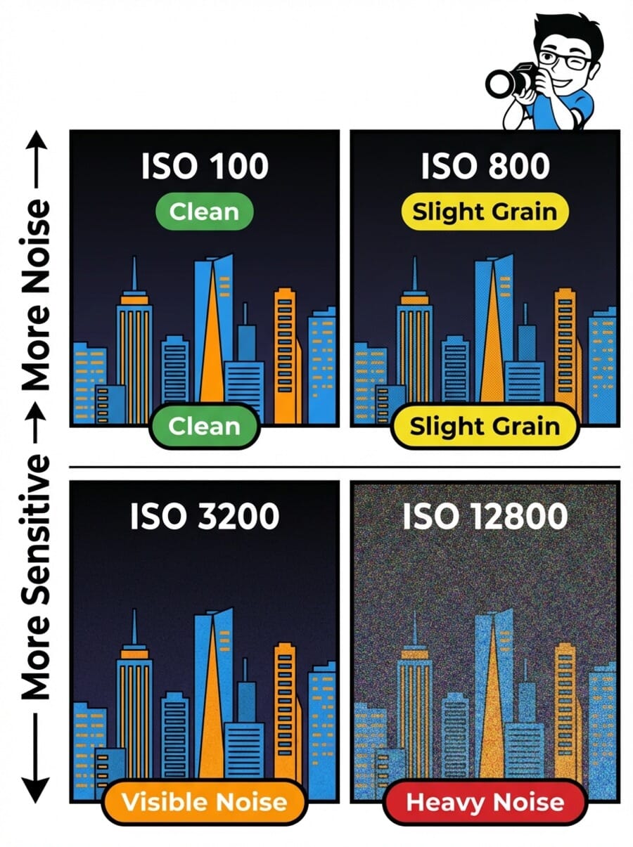 ISO noise comparison chart showing ISO 100 through ISO 12800