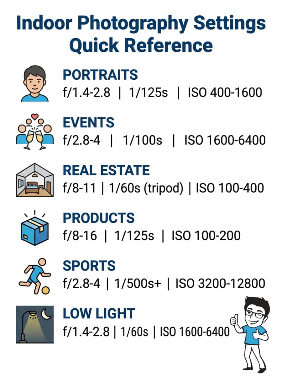 Indoor photography settings quick reference chart showing recommended aperture, shutter speed, and ISO for six scenarios