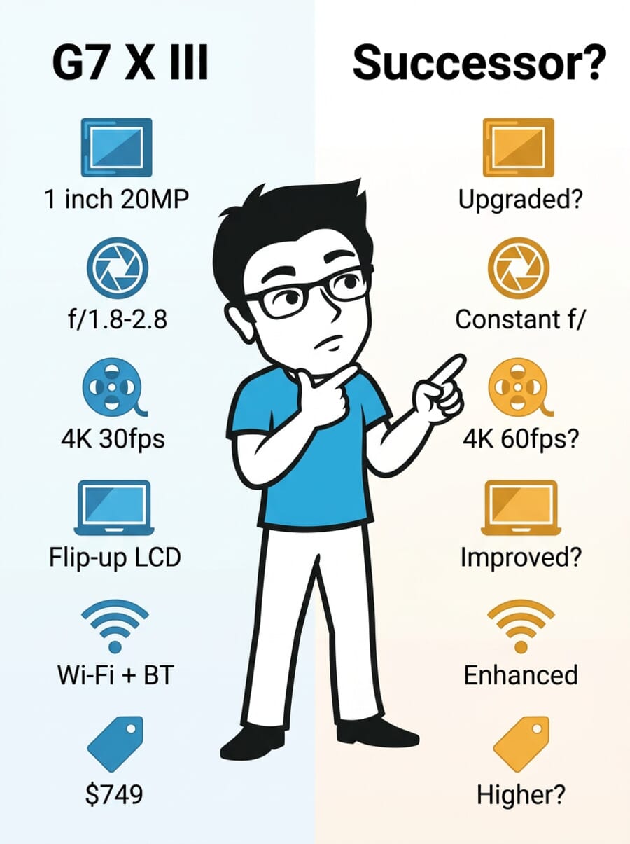 Infographic comparing Canon PowerShot G7 X Mark III specs vs rumored successor specs - sensor, aperture, video, screen, connectivity, and price