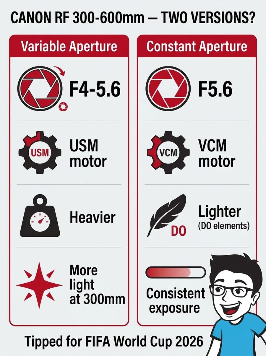 Infographic comparing the two rumored Canon RF 300-600mm lens versions: variable aperture F4-5.6 USM vs constant aperture F5.6 VCM