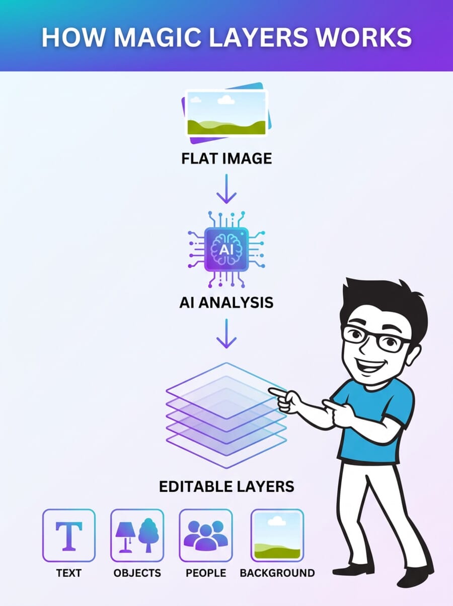 Infographic showing how Canva Magic Layers works: flat image goes through AI analysis to produce editable layers for text, objects, people, and backgrounds