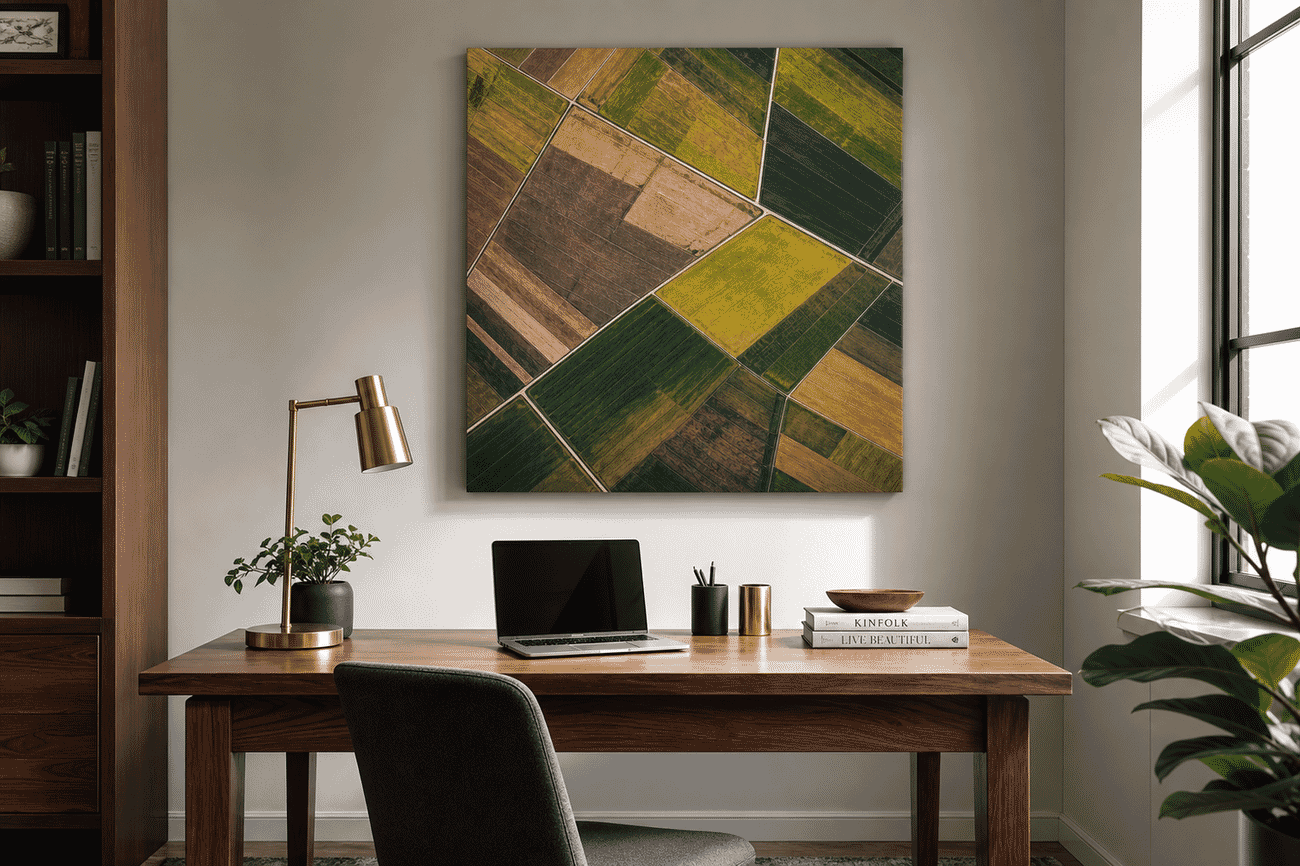 Canvas print mockup of a aerial drone shots photo on a office wall