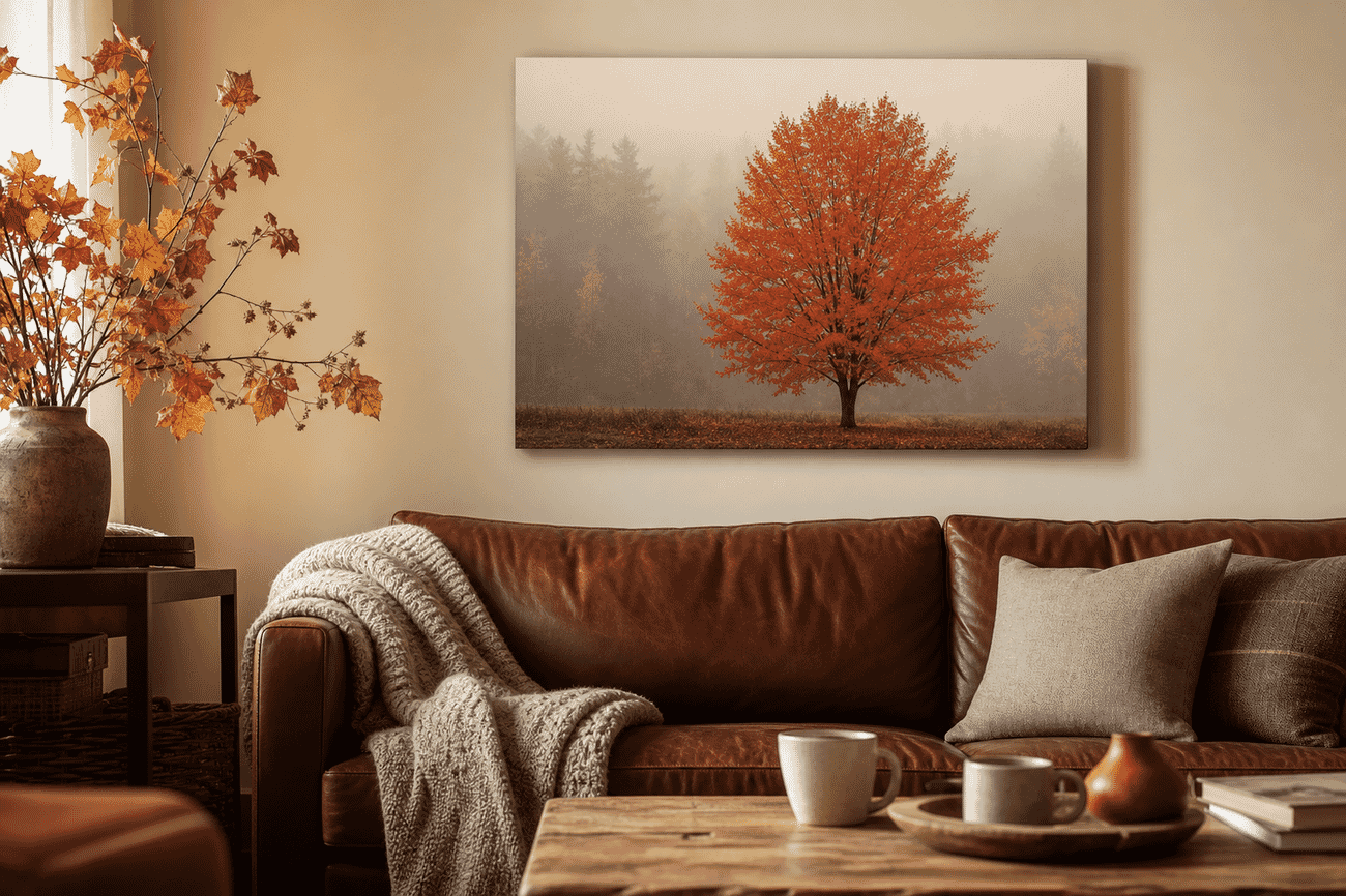 Canvas print mockup of a autumn foliage photo on a autumn living room wall