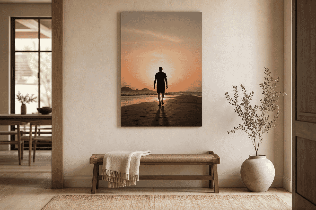 Canvas print mockup of a backlit silhouette portraits photo on a entryway wall