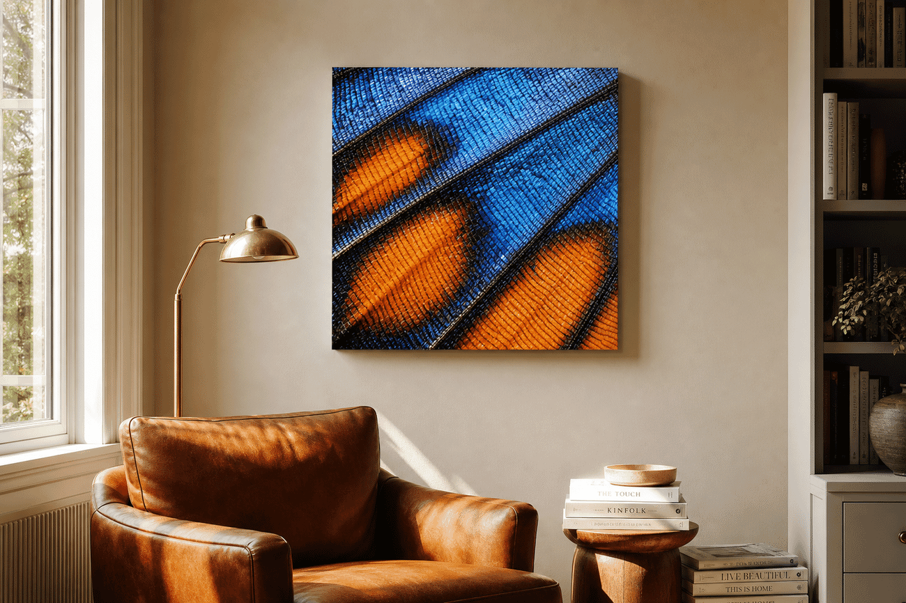 Canvas print mockup of a butterfly & insect close-ups photo on a reading nook wall