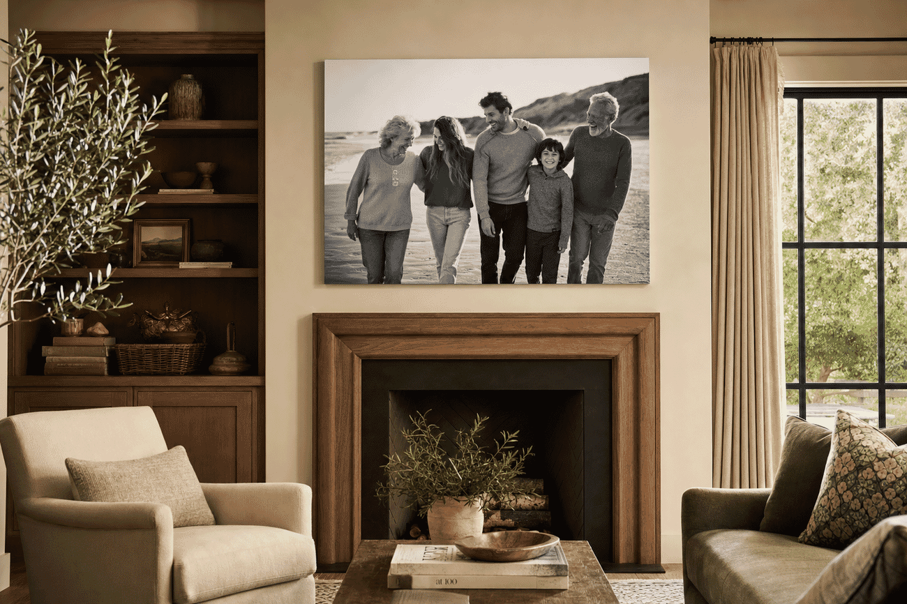 Canvas print mockup of a black & white family portraits photo on a living room wall