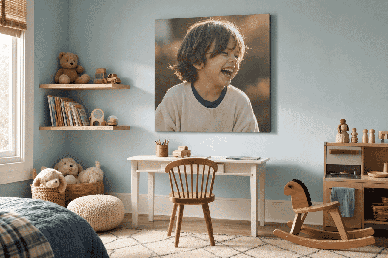Canvas print mockup of a candid kid portraits photo on a kids bedroom wall