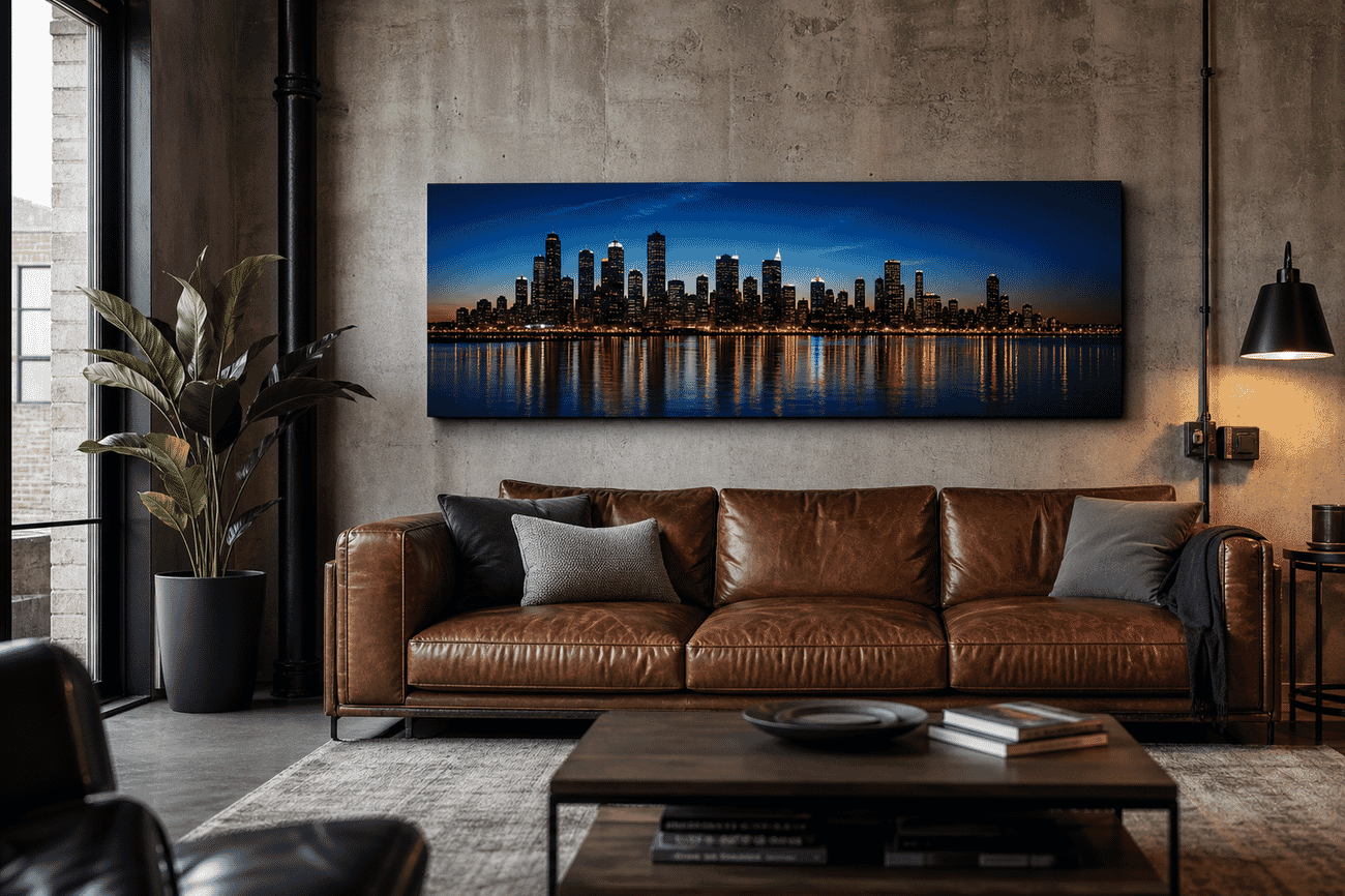 Canvas print mockup of a iconic city skylines photo on a loft living room wall