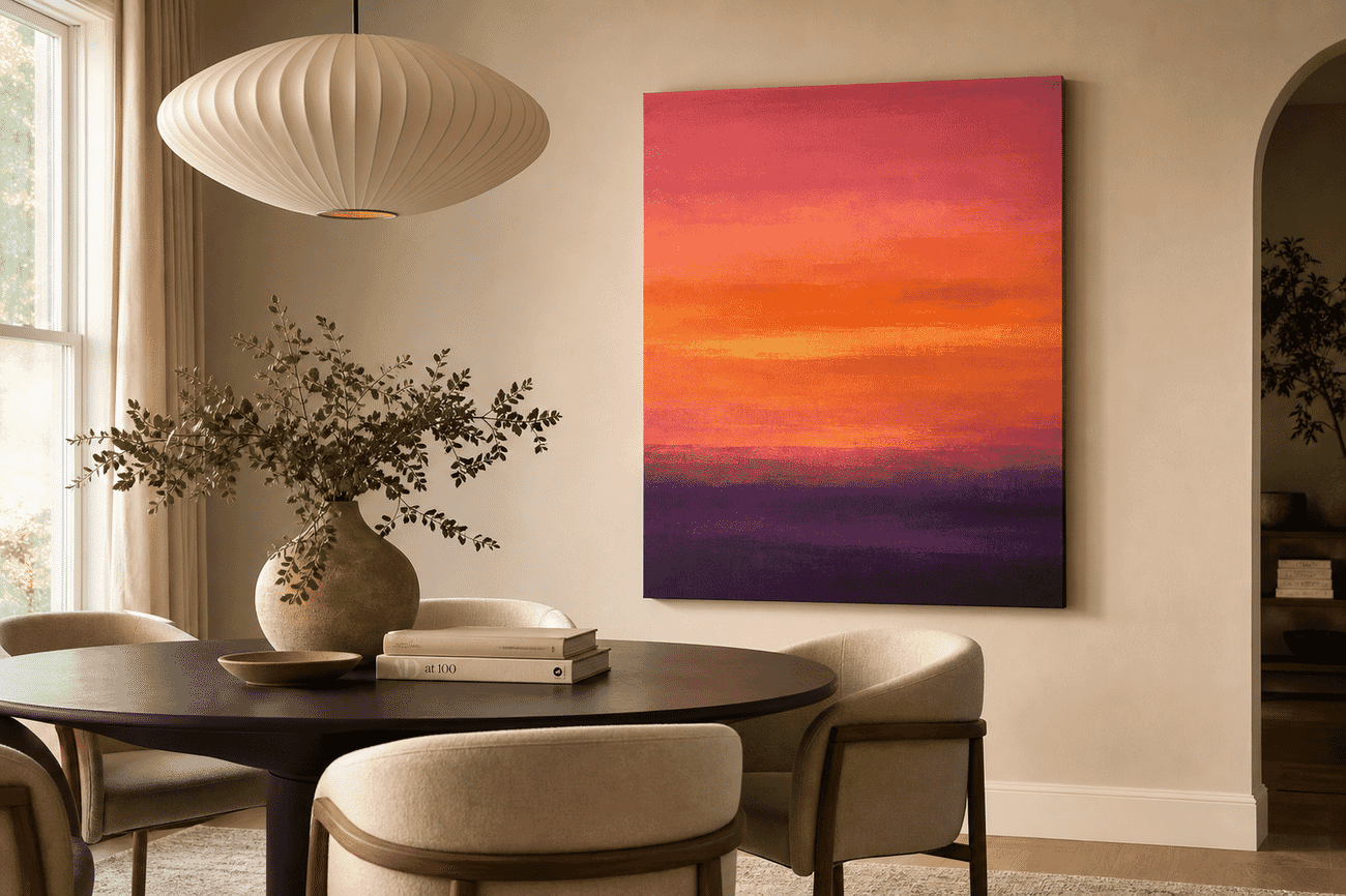 Canvas print mockup of a color-block abstracts photo on a dining room wall