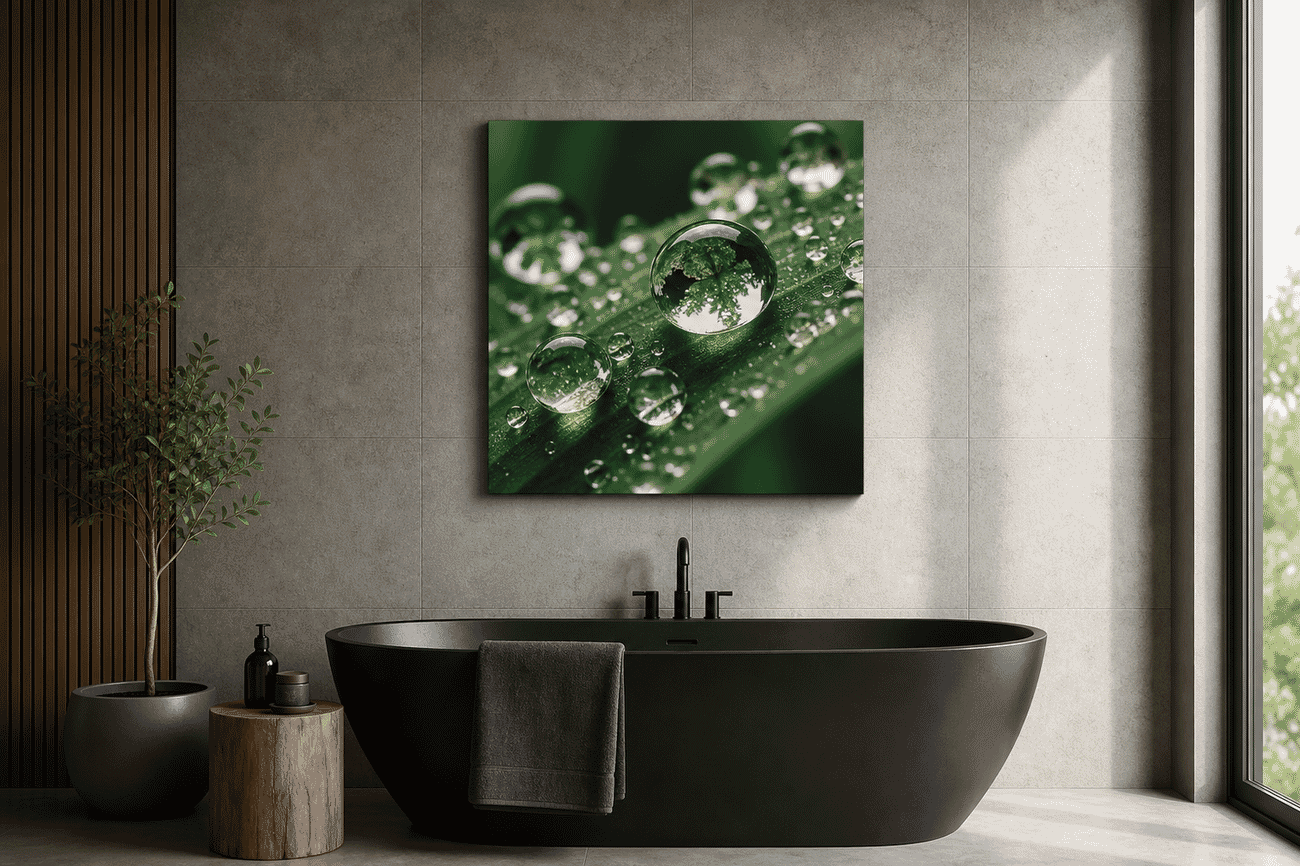 Canvas print mockup of a dewdrop & water macros photo on a bathroom wall