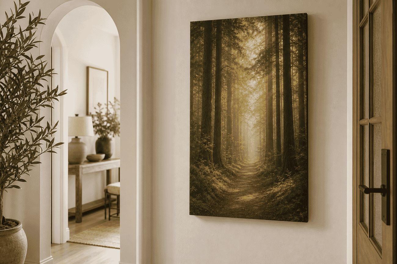 Canvas print mockup of a forest path verticals photo on a hallway wall