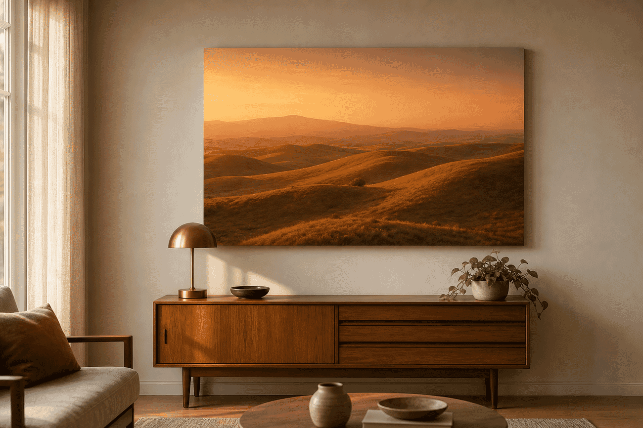 Canvas print mockup of a golden-hour landscapes photo on a living room wall