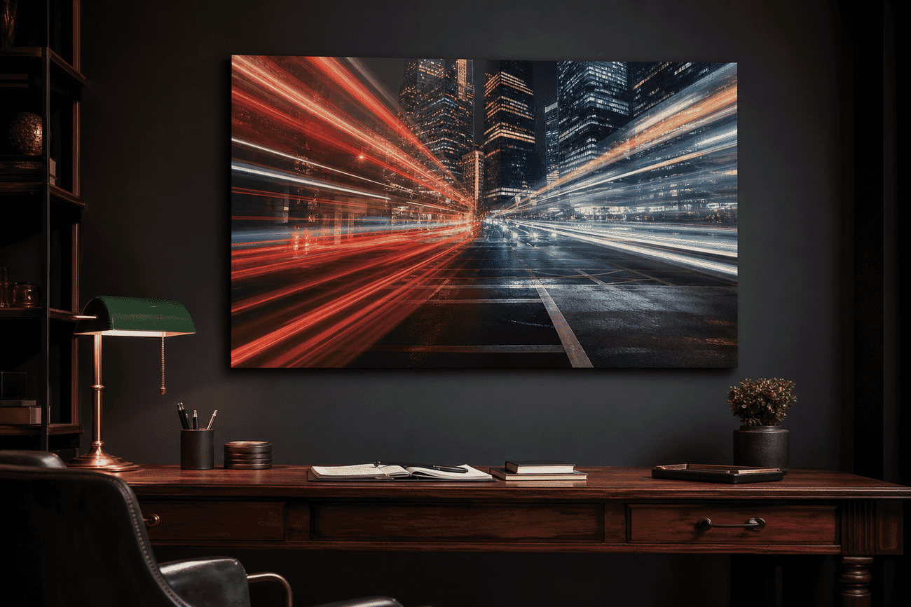 Canvas print mockup of a long-exposure light trails photo on a study wall