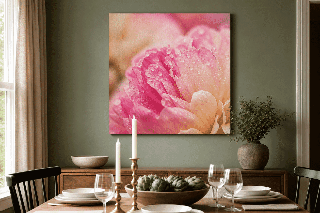 Canvas print mockup of a macro flowers photo on a dining room wall