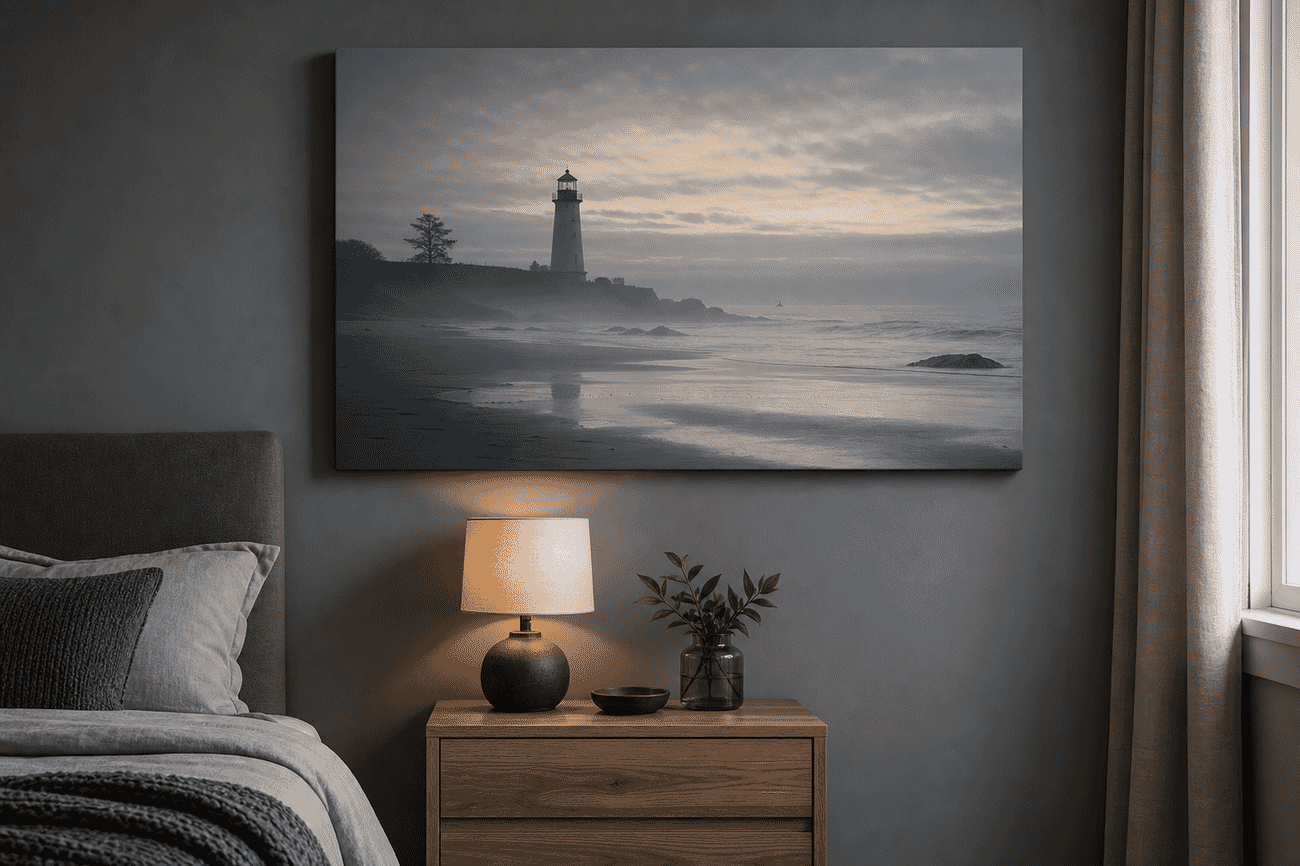 Canvas print mockup of a moody coastal scenes photo on a bedroom wall
