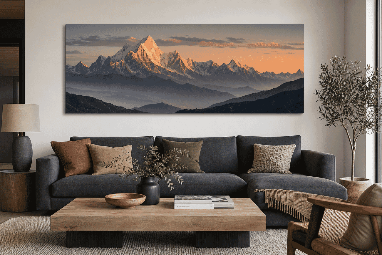 Canvas print mockup of a dramatic mountain panoramas photo on a living room wall